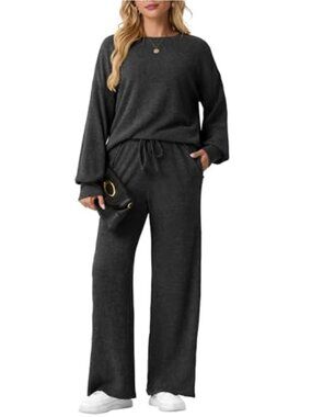 Women's 2 Piece Lounge Set Knit Long Sleeve Sweater Top Wide Leg Pants Matching